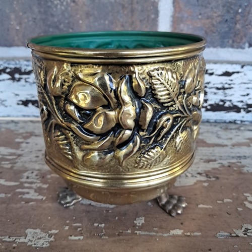 Vtg Brass Planter Claw Footed Rose Embossed Hollywood Regency England 