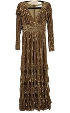 Mac Duggal Size 2 SAMPLE Embellished Maxi Gown Gold Tiered Skirt Long Sleeve NWT