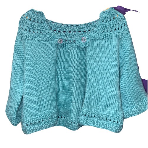 Handmade Hand Knit Teal Blue Knit Cardigan Open Front Wool Silk Cashmere Siz 3-4