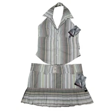 Rampage Juniors Y2K Stripe Halter Top Pleated Mini Skirt Preppy Schoolgirl Set