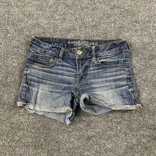 American Eagle Denim Shorts Womens Size 4 Blue Low Rise Raw Hem Frayed Stretch