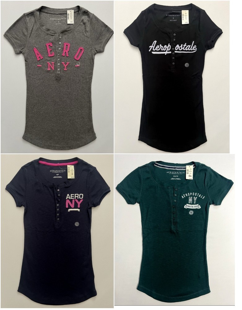 Aeropostale Womens Short Sleeve 7-Button Graphic Henley Aero NY