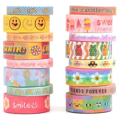 Cute Cartoon Washi Tape Set 16 Rolls Bright Colors Kawaii Masking Graphic Dec...