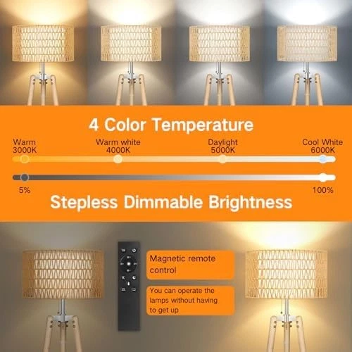 Boho Rattan Tripod Floor Lamp with Shelves, Dimmable Mid Century Modern Stand... - Image 2 of 4