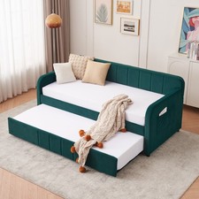Twin Upholstered Daybed Frame w/Trundle, Twin Size Sofa Bed for Bedroom Living