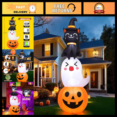 6 FT Halloween Inflatable Pumpkin Ghost Cat Combo - LED Outdoor Yard Decor