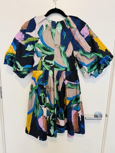 Sheike Dress Size AU 6/ US 2 Brush Stroke Print Mini Puff Sleeve Cotton Lined - Foto 6 di 14