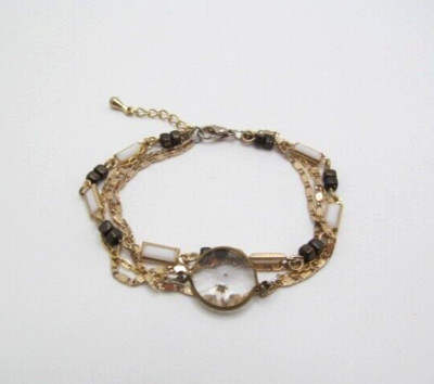 Vintage Gold Tone Scroll Oval & Bead Chain Multi Layer Chain Bracelet