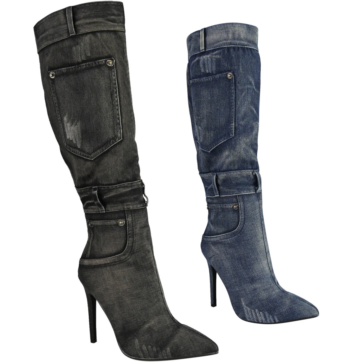 Cowboy Jean Boots Knee High Shoes Ladies Zip Stiletto High Heels Womens Sizes