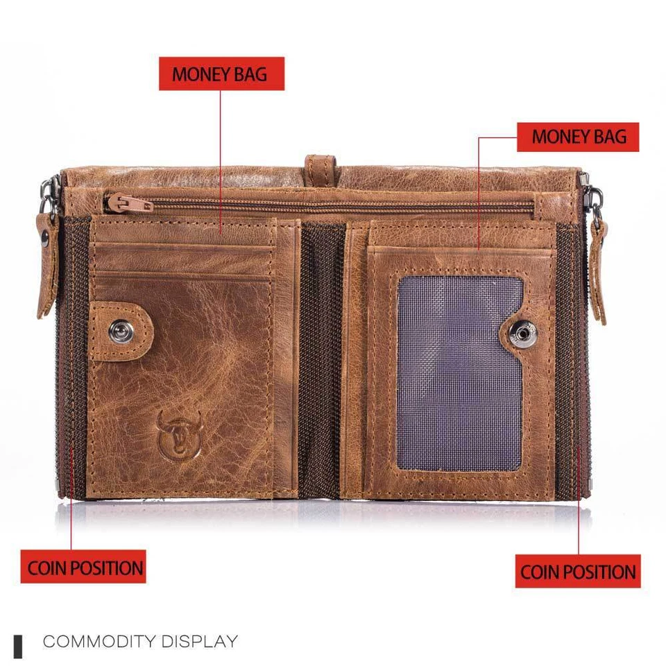 Vintage cowhide leather men's zipper wallet with ID card slot travel coin holder - Image 2 of 4