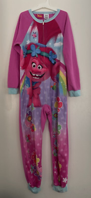 DreamWorks Trolls Kid Girls 1-Piece Fleece Raglan Long Sleeve Zip PJs Pink 10/12