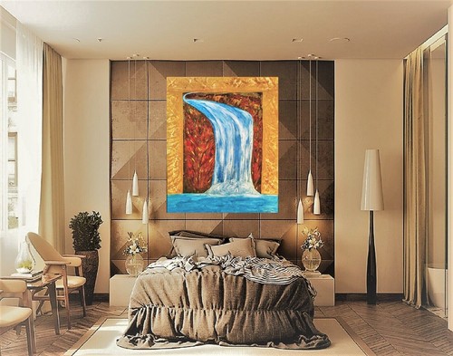 PAINTING, ENTITLED; 'CASCADE D'AUTOMNE', WATERCOLOR, STRETCH CANVAS,FREESHIP - Picture 2 of 3