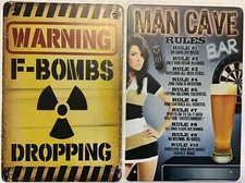 8x12 TIN SIGNS 2pc SET Warning F bomb man cave rules beer dart board bar girl 