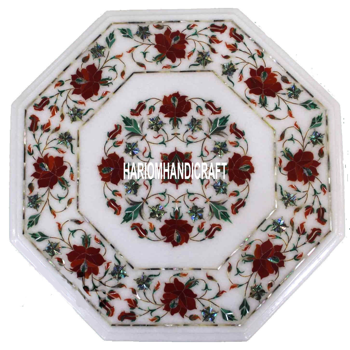 White Marble Living Room Table with Floral Inlay Art Decor H3932