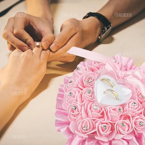  Цветок свадьбы сердце кольцо подушки с шикарный атласной кружева кристалл розовый - Изображение 2 из 4