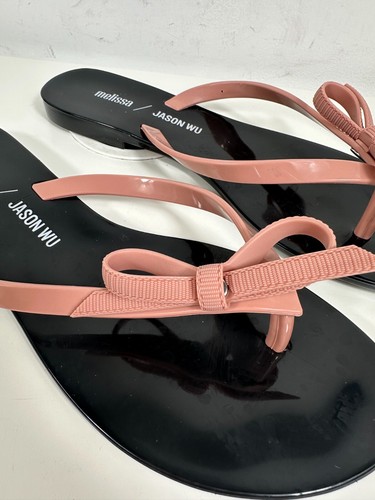 Melissa + Jason Wu Harmonic V Bow Flip Flop Sandals Black and Pink Size 7 - Picture 3 of 12