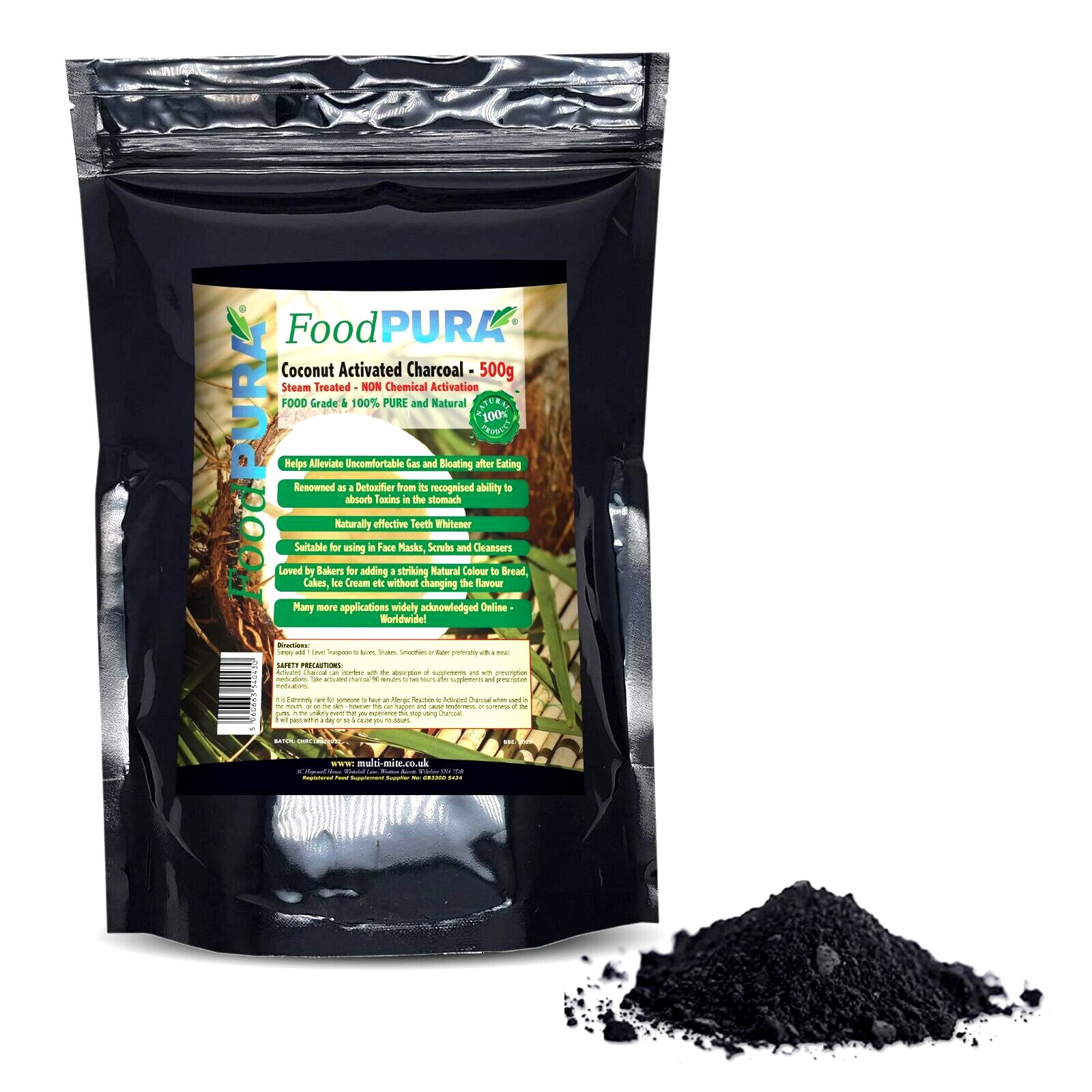 FoodPURA 500G 100% Natural Activated Coconut Charcoal Food Grade Fine Powder