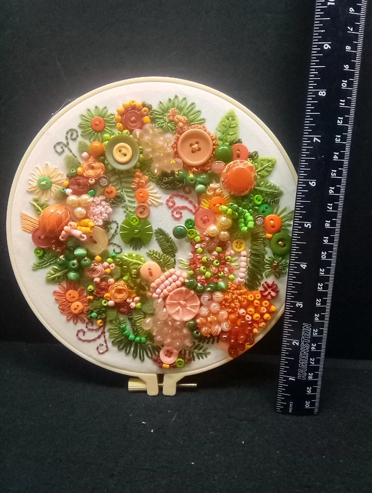 8"Embroidery Hoop Frame With Floral Design Red Orange Wall Decor Handmade #4 - Image 2 of 4