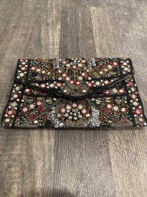 Zara Beaded And Embroidered Clutch Wristlet Mirror Pouch Purse