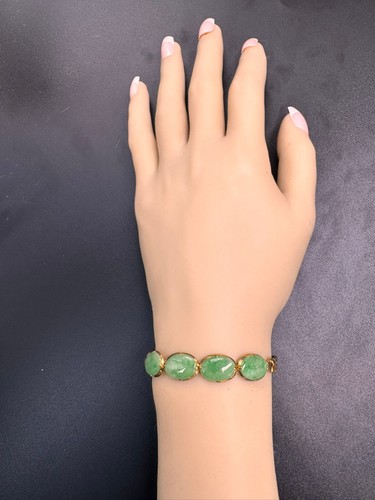 22ct Gold Jadeite Jade Bracelet 4 Stone Cabochon Heart Link 9.15g - 第 1/14 張圖片