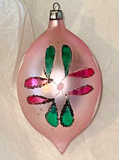 Vintage POLAND Blown Glass TEARDROP Hand Painted PINK GREEN Christmas Ornament