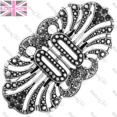 GROSSE VERZIERTE KRISTALL Pin MAISIE BROSCHE Vintage Art Deco Stil JET/SCHWARZ/SILBER PLT