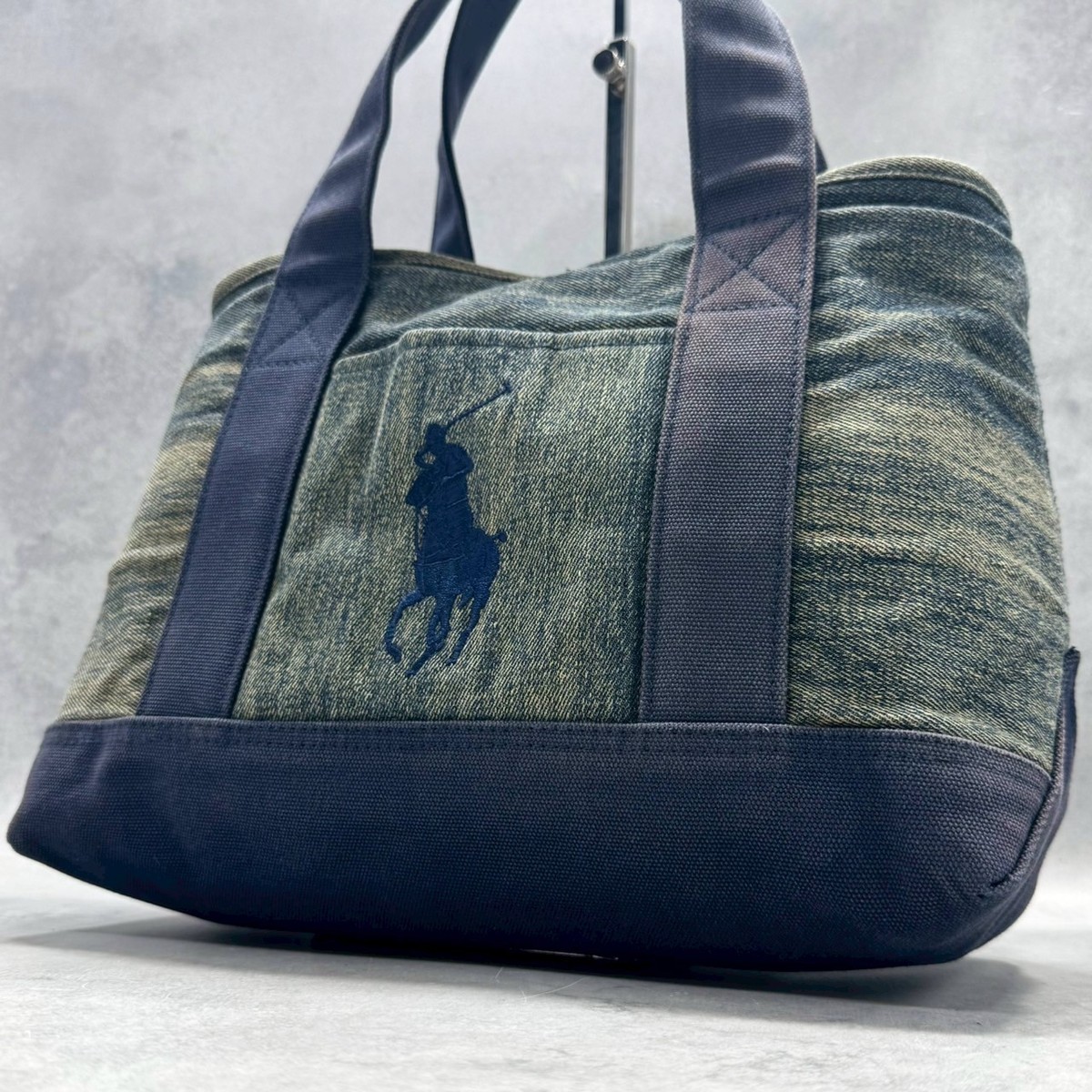 Ralph Lauren Denim Canvas Tote Bag Embroidered Pony Logo Blue