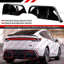 For 2025-26 Tesla Model Y Juniper Gloss Black Shark Fin Rear Bumper Diffuser Kit