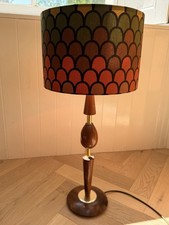 Mid Century Danish Style Teak Wood Table Lamp with Retro Shade – Vintage MCM