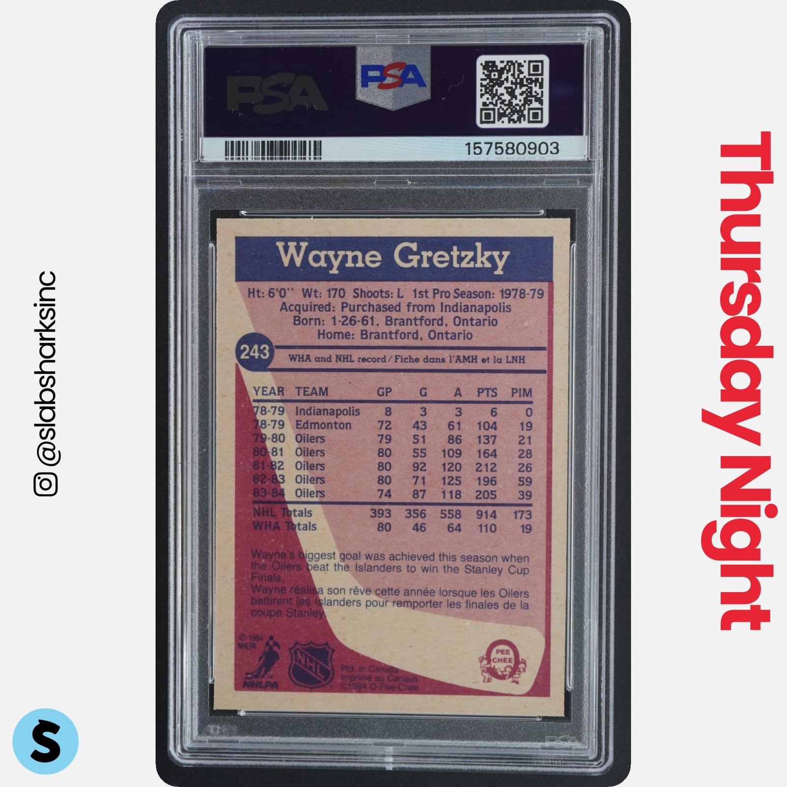 1984 O-PEE-CHEE #243 WAYNE GRETZKY PSA 8 (ST) view 2