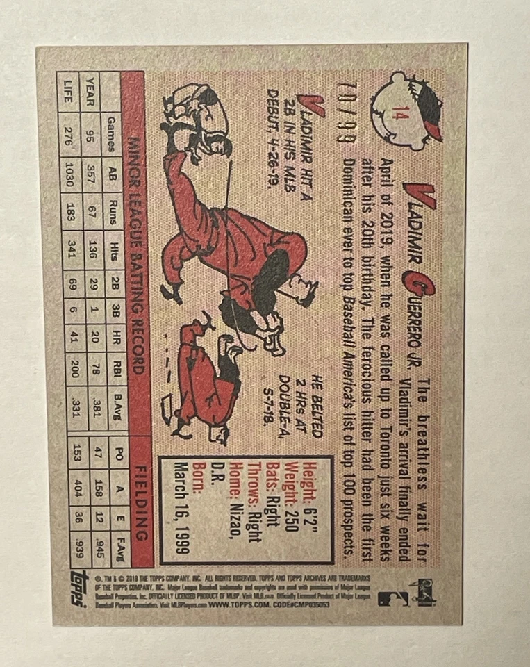 2019 Topps Archives Vladimir Guerrero Jr. Silver #70/99 Rookie Toronto Blue Jays - Image 2 of 2