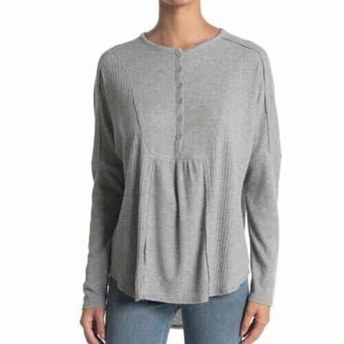 Gibsonlook Women's Mixed Ribbed Waffle Knit Henley Top Heather Grey Medium $50