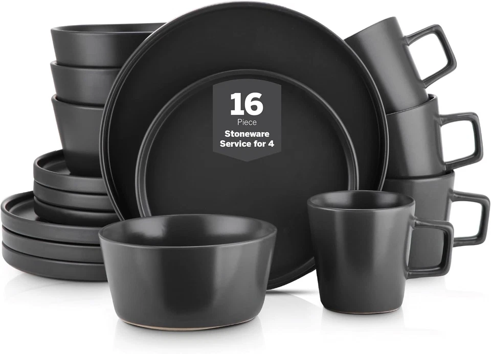 Matte Black Stoneware Dinner Set, Service for 4 - Minimalist - Image 3 of 4