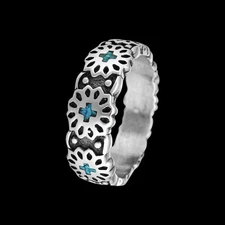 Navajo Sterling Silver Band Ring • Concho Design • Kingman Turquoise Chip Inlay