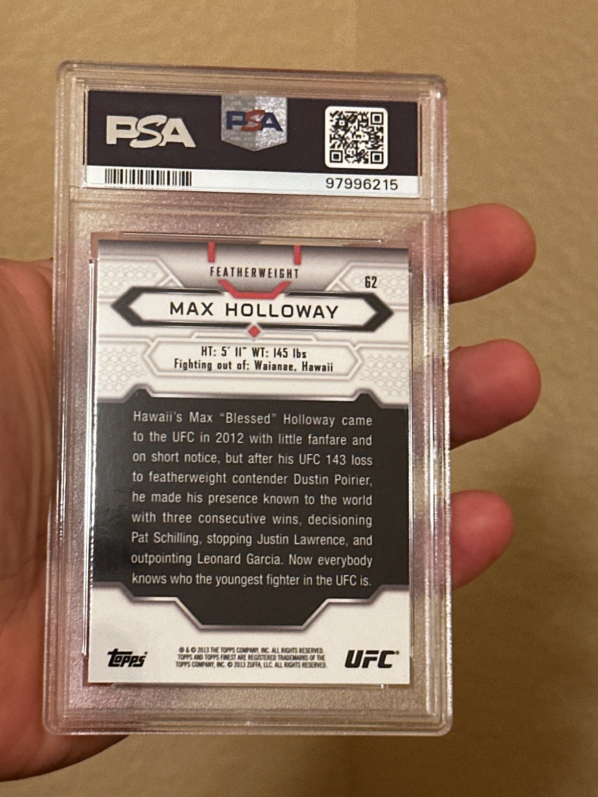 2013 Topps Finest Rookie Card UFC #62 Max Holloway PSA 8 view 4