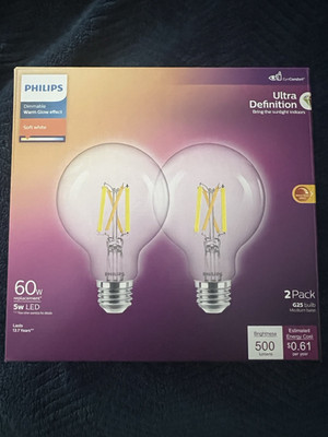 Phillips- 2 Pack- 60W Soft White- 5w LED- Dimmable Warm Glow effect G25 Bulb
