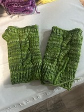different shades of green hand knit fingerless gloves