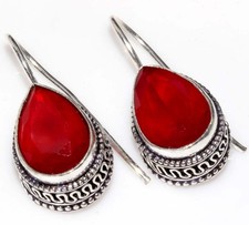 Vintage Red Onyx 925 Silver Plated Earrings 1.3" Gift For Niece JW