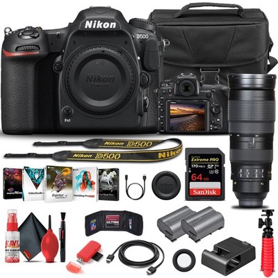 Nikon D500 DSLR Camera Body Only 1559 W/ Nikon 200-500mm Lens Basic  Bundle