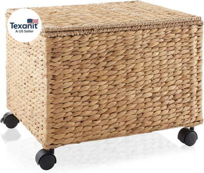 Rolling Filing Cabinet, Natural - Water Hyacinth File Organizer with Lid and Loc