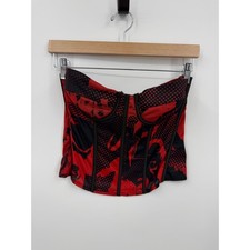 Edikted Aly Mesh Corset Top Women Large Red Black Graphic Print Strapless Edgy