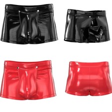 Men's Black Latex Shorts with Codpiece Crotch Hole Rubber Short Pants Back Zip L