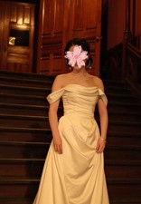 Off-Shoulder White Satin A-Line Wedding Dress with Train, Beading  Ruching
