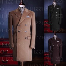 Cashmere Men's Overcoat Peak Lapel Double Breasted Casual Business Long Jacket