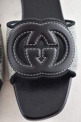 Gucci GG Interlocking Logo Black Leather Canvas Mule Flat Slide