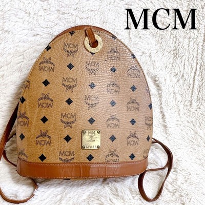 MCM Backpack Camel Brown Visetos PVC Leather Gold Logo Gold Hardware Rare Model