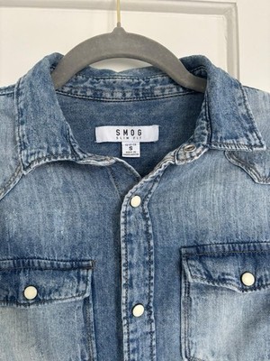SMOG Herren Denim Hemd blau Slim Fit Langarm Kragen Knopfleiste Taschen S