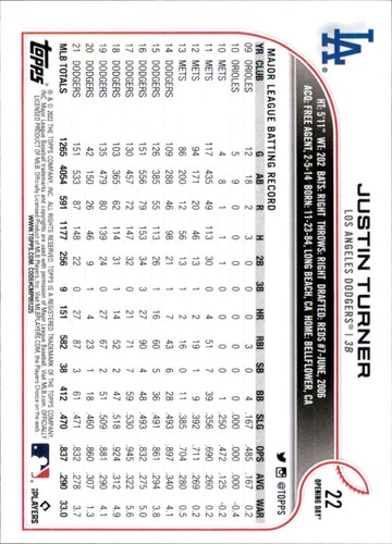 2022 Topps Opening Day #22 Justin Turner Los Angeles Dodgers - Foto 2 di 2