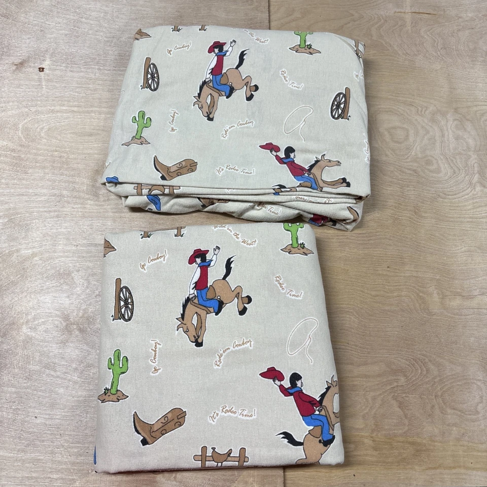 Divatex Brown Flannel Cowboy Rodeo Horse Size TWIN Fitted Sheet - Image 2 of 4