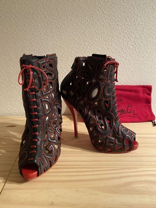 Christian Louboutin Leather High Heel Boots 36 Brown X Red Authentic Women Used